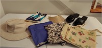 Mixed lot of women's items, three aprons, water