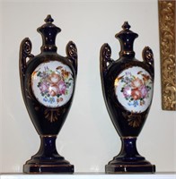 pair cobalt Limoges China lidded two handle urns
