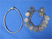 Sterling Pandora Bracelet 7.5gr, 3 Pence Coin