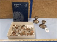 STERLING CANDLE HOLDERS & VARIOUS DATE COINS