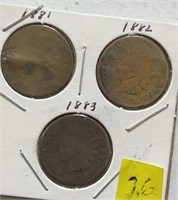 1881,1882,1883 Indian Head Pennies