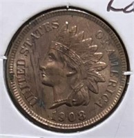 1908  Indian Head Penny  Mint Error Lamination MS