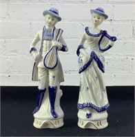 (2) 12" Blue & White Porcelain Figuirnes