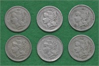 6 - 1866 Three Cent Nickels