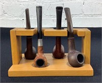 4 Wooden Tobacco Pipes W Wooden Holder