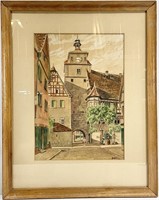 Signed German Markus Tower Watercolor Painting