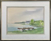 Signed River House Scenic Watercolor Painting