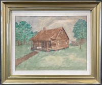 Vintage Wood Cabin & Quilt Watercolor Painting