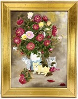 Framed Oil on Board Cats w/ Flowers