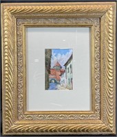 Signed Watercolor Street Scene Painting