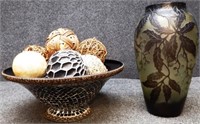 Modern Cameo Glass Vase, Glass Bowl & Balls