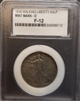 Graded 1938-D Walking Liberty Silver Half Dollar
