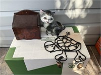 Wooden box, cat planter, and a metal turtle wind