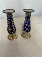 PAIR OF KOBALT BLUE AND METAL CANDLE HOLDERS