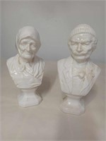 OLD MAN AND OLD LADY WHITE BUST STATUES SIGNED