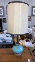 Mid- century turquoise & wood table lamp