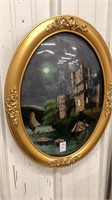 Antique oval reverse-painted castle on the Danube