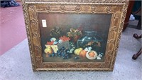 Antique framed still life print fruit & goldfish