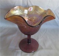 Carnival glass ruffled edge compote. Measures: