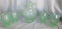 Vintage green glass hobnail pitcher. Measures