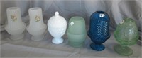(6) Vintage fairy lamps and lidded dish. Satin