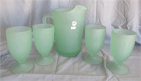 Frosted green glass pitcher. Measures 9" tall and