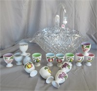 12.5" Tall crystal basket with vintage egg cups