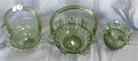(3) Green glass baskets and hobnail vase. Vase
