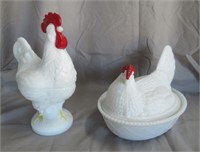 (2) Milk glass hen and rooster on nest. Rooster