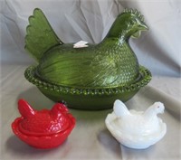 Green glass hen on nest. Measures 5.25" Tall and