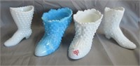 (4) Glass boots. White hobnail measures 3" H x 6"