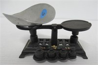Toy scale, black cast iron, aluminum pan,