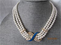 Necklace Faux Pearl And Rhinestone 3 Strand 17"
