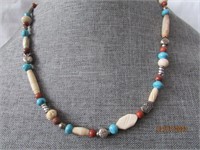 Necklace Blue Rust  Bone And Silver Tone 22"