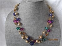 Necklace Blue Purple Gold Tone 2 Strand 22"