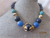 Necklace Blue And Gold Tone Beads On Rope 81/2 "