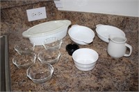 Glass bowls, container, creamer