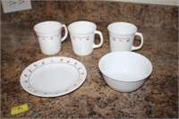 Corning mugs, corelle bowl and plate