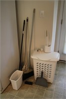 Laundry basket, broom & dustpan, brush