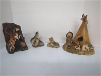 2 Native American figurines and 2 wolf figurines
