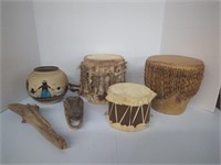 3 native American drums and vase, small alligator