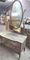 Antique wood vanity on casters w/mirror needs