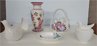 Nice floral ceramic  vase, basket, and soap dish