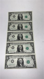 5 Consecutive $1 bills 1963 B J Barr Noted