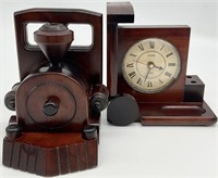 Wooden Train Shaped Desk Clock Bookends