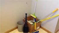 Trashcan, plunger, squeegees, misc