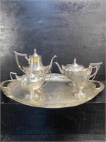 GORHAM STERLING SILVER PLYMOUTH TEA SET WITH TRAY;