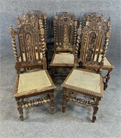 SET OF 8 HEAVY CARVED OAK CANE BOTTOM CHAIRS