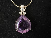 LARGE AMETHYST AND DIAMOND PENDANT WITH CHAIN