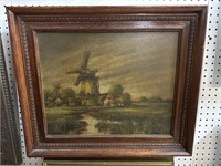 19TH CENT. WINDMILL OIL ON CANVAS IN OAK FRAME